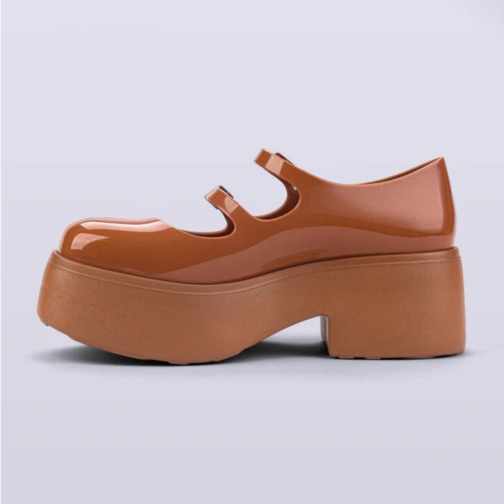 Melissa Platform Mary Jane Shoes in Tan Brown with Black Straps - Picture 6 of 13